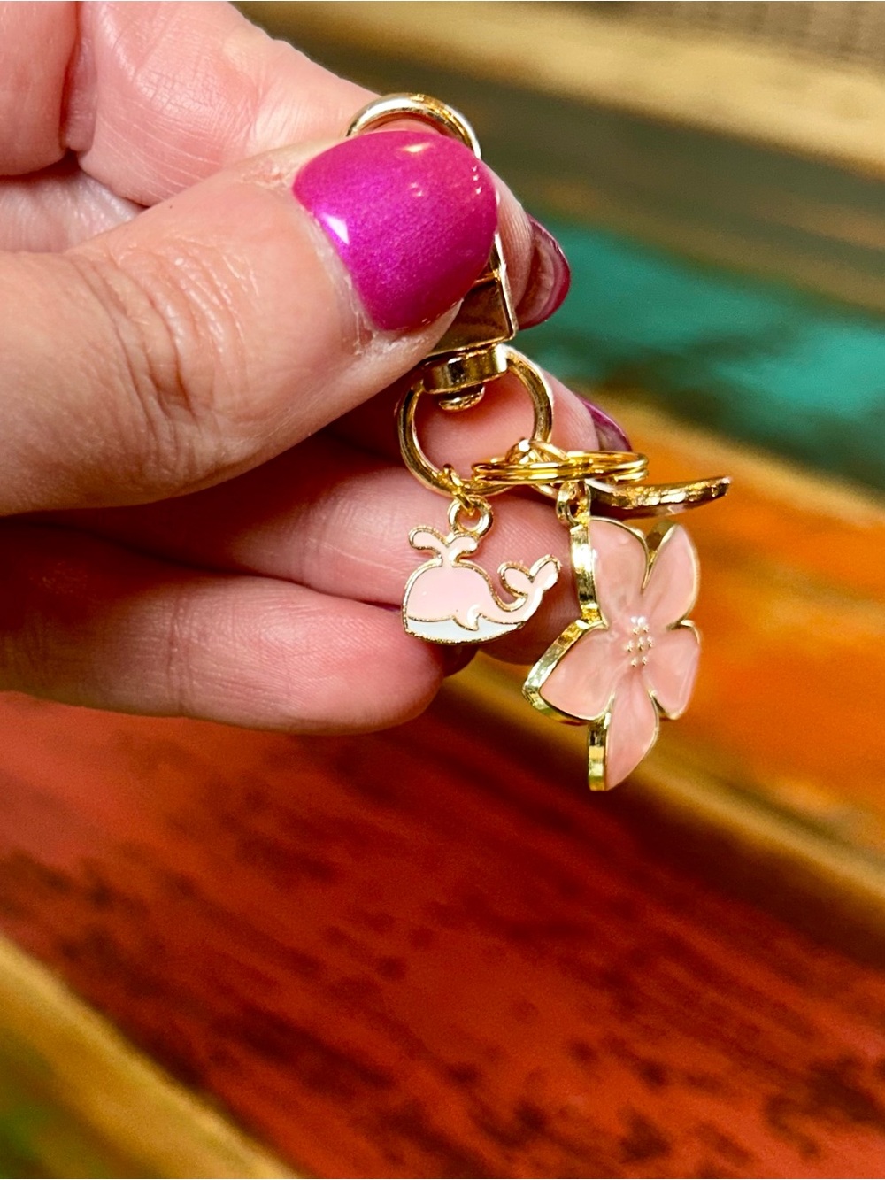 Mini Pink Enamel Coastal & Floral Keychain Charm - Picture 5 of 8